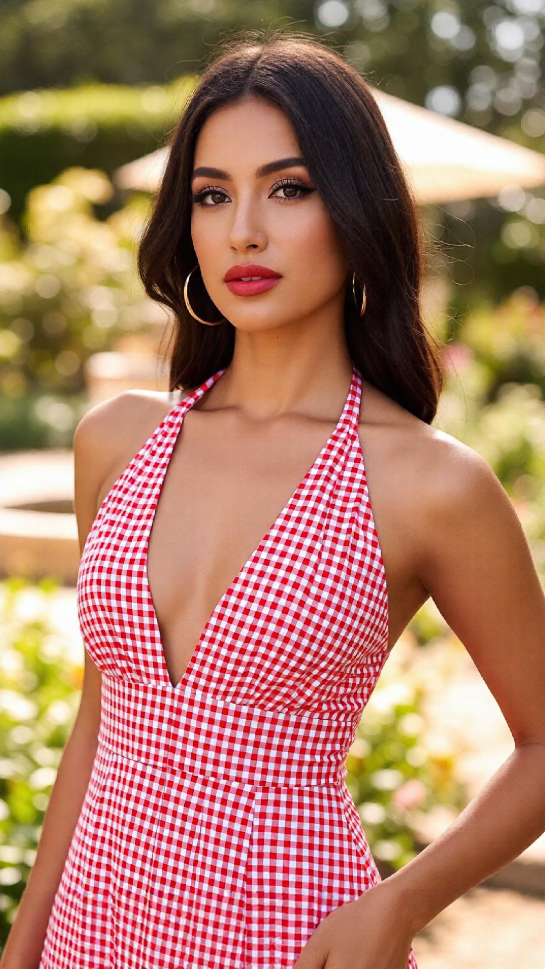 A Woman In A Red Gingham Dress Enjoys A Sunny Day In A Garden Setting
