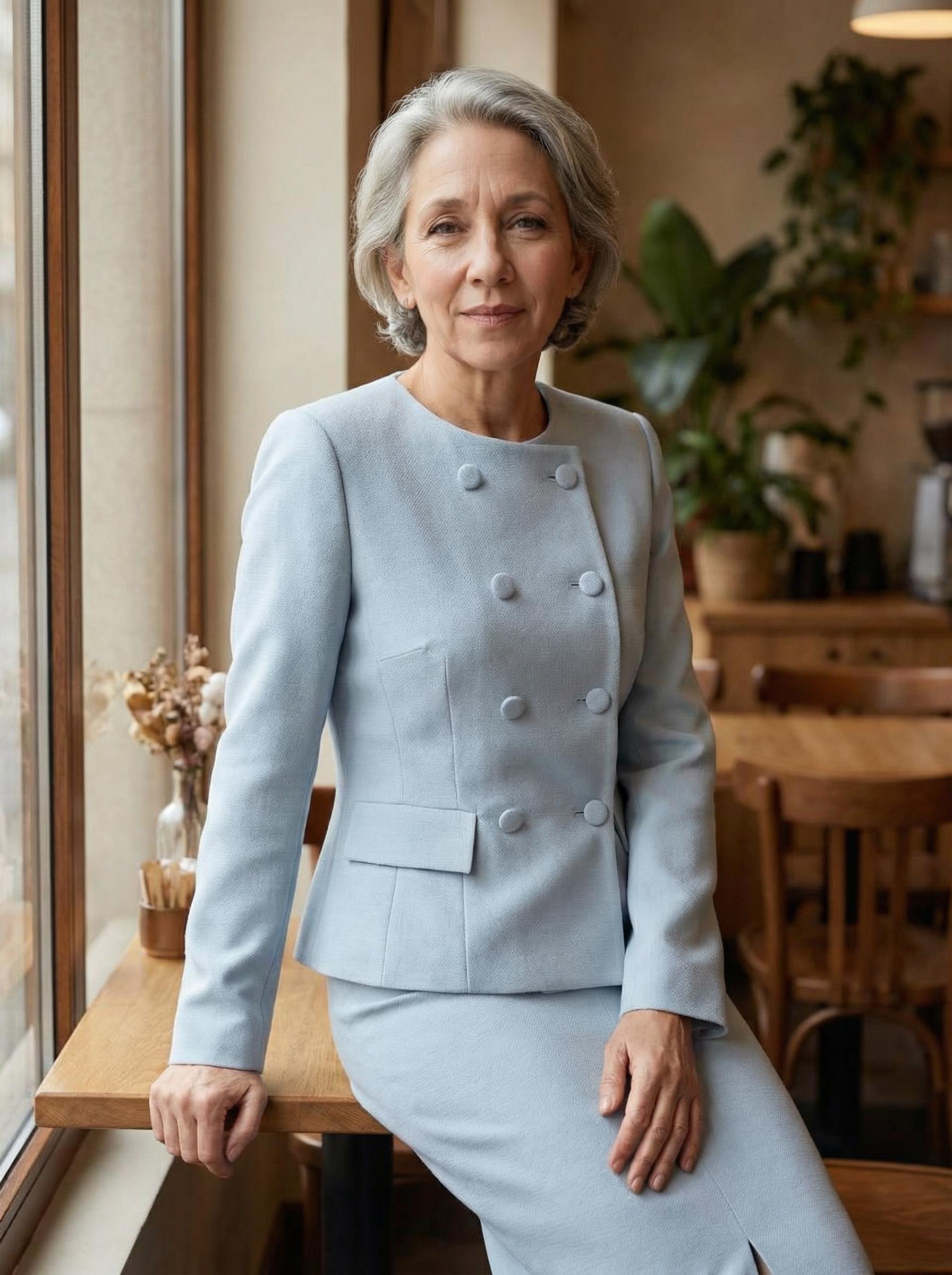 A Woman Dressed In An Elegant Light Blue Suit Leans Against A Table In A Cozy Café Setting