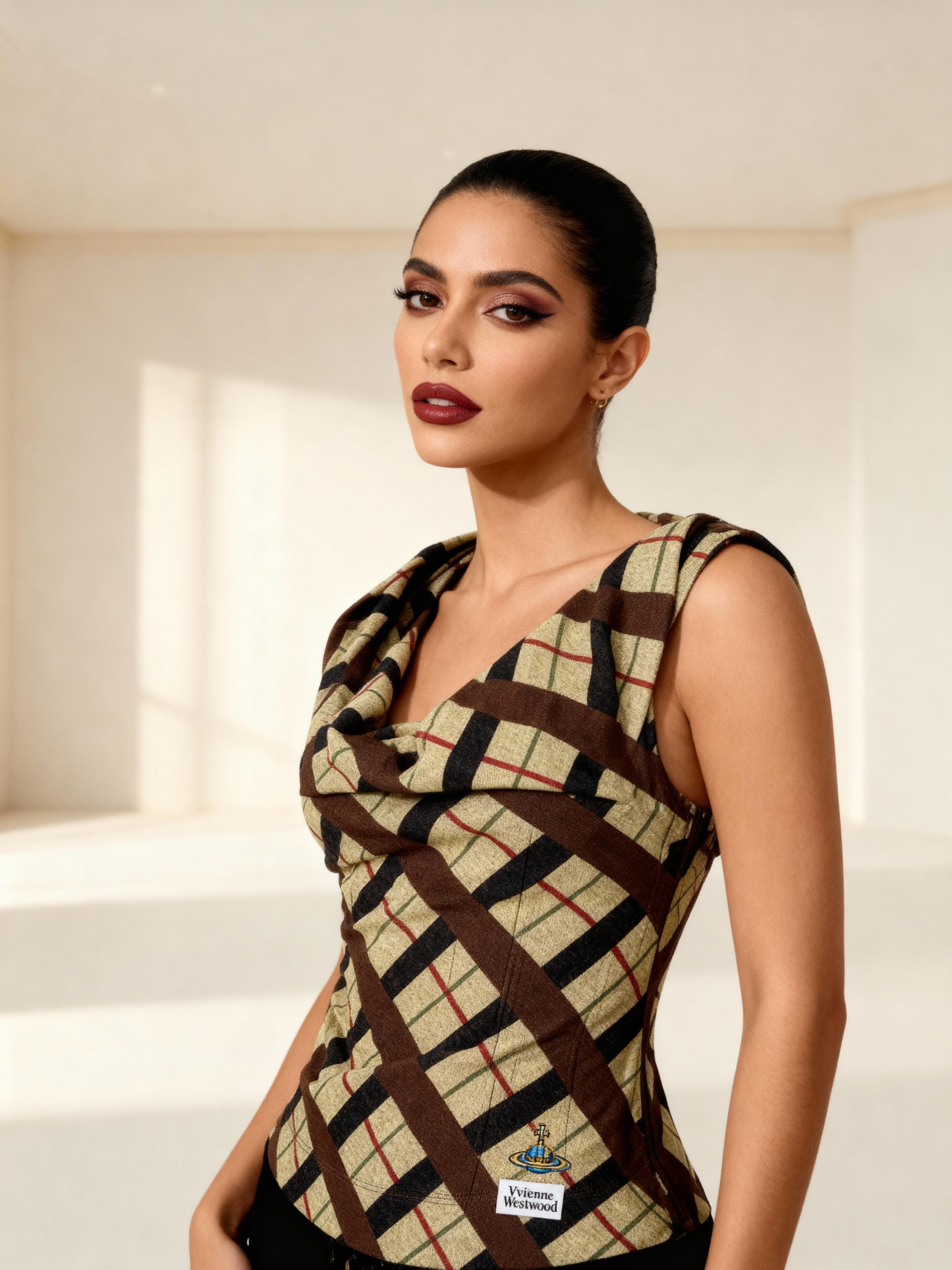 A Woman Is Seen Wearing A Stylish Plaid-Patterned Top And Black Pants In A Brightly Lit Minimalistic Indoor Setting before