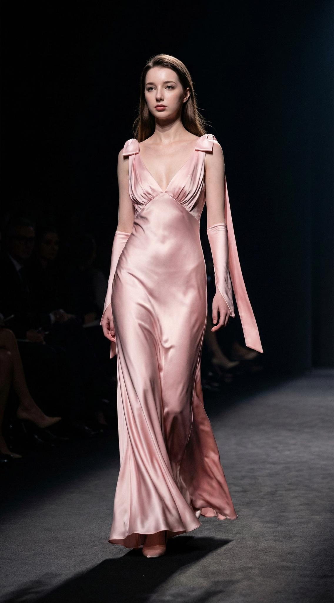 A Woman In A Flowing Pink Gown Stands Gracefully On A Rooftop Terrace Overlooking A City Skyline At Sunset before