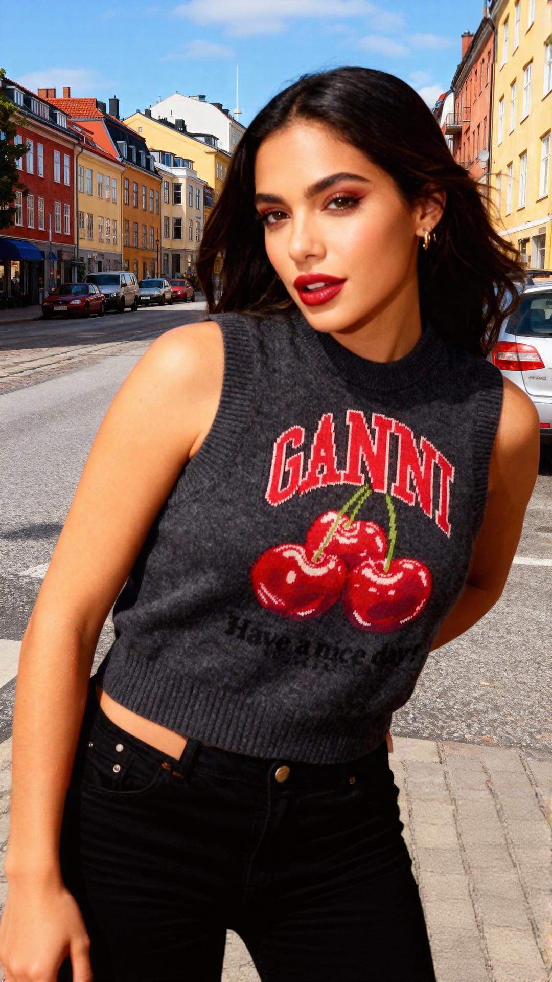A Woman Stands Confidently On A Colorful Urban Street Showcasing A Stylish Gray Sleeveless Sweater With Bold Cherry Graphics