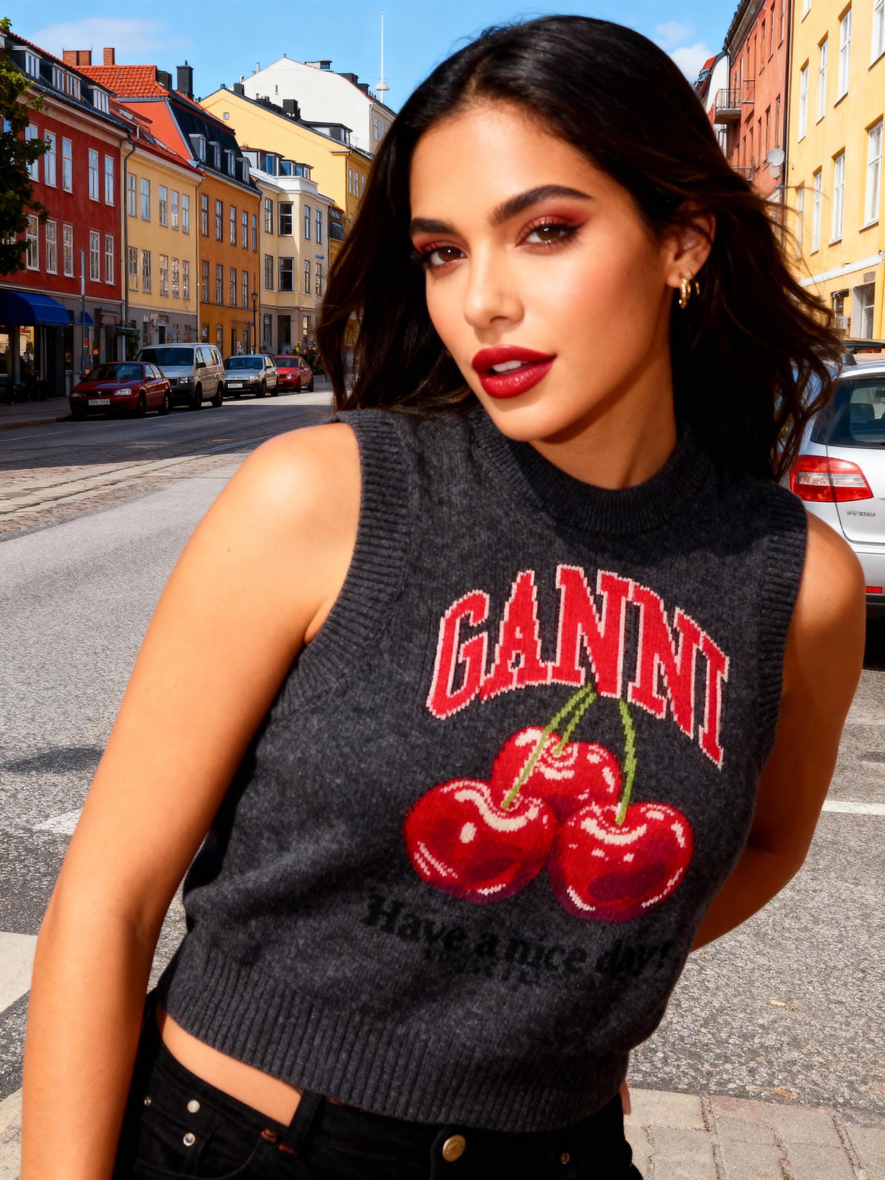 A Woman Stands Confidently On A Colorful Urban Street Showcasing A Stylish Gray Sleeveless Sweater With Bold Cherry Graphics before