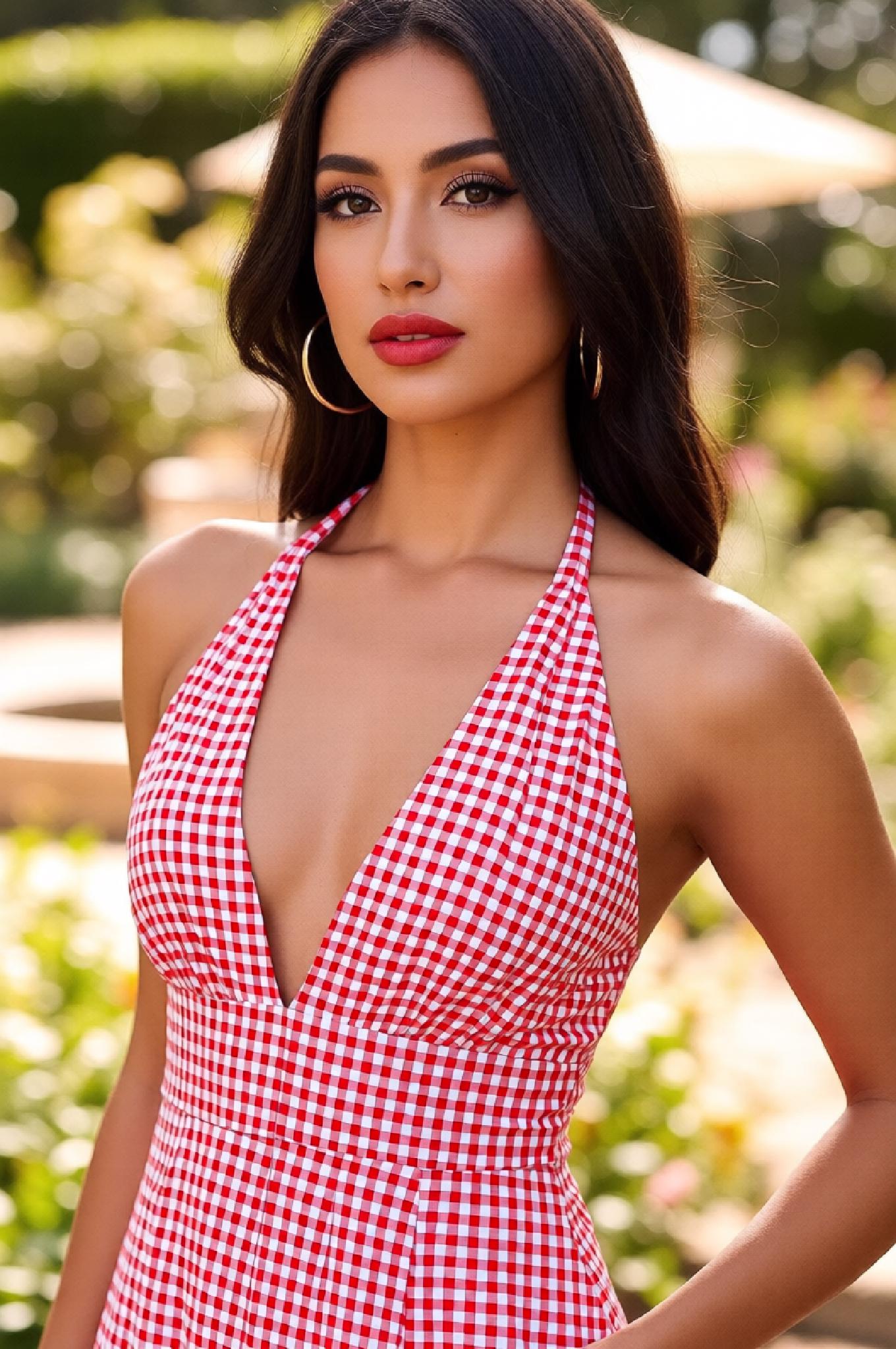 A Woman In A Red Gingham Dress Enjoys A Sunny Day In A Garden Setting before