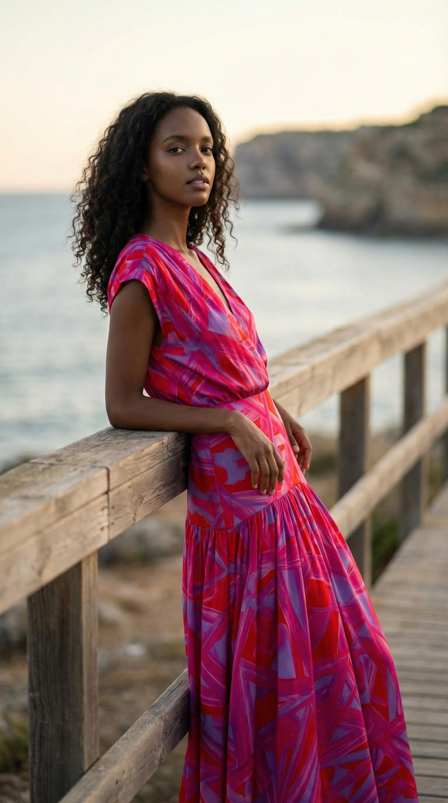 A Woman In A Vibrant Red And Pink Dress Leans Against A Wooden Railing Overlooking A Serene Coastal Landscape